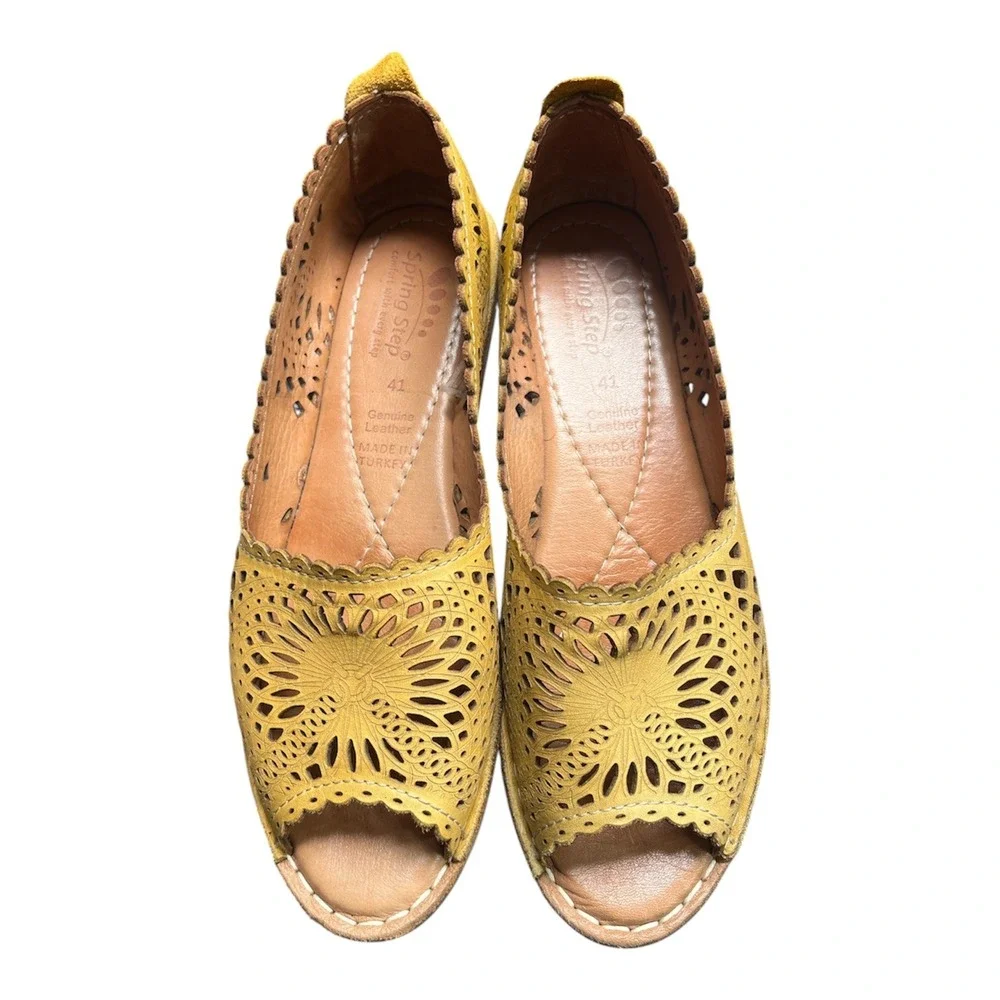 Spring Step Bormeda Sandals Womens 41 Yellow Leather Laser Cut Flats Boho Hippie